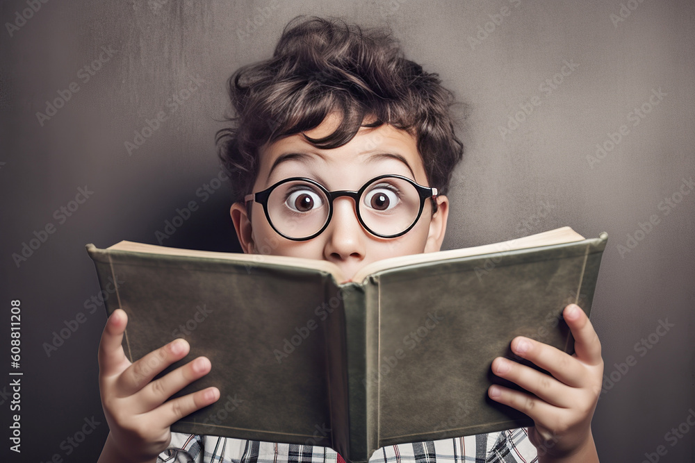 Lovely boy wearing glasses on eyes reading book with bright emotions of kid boy. Generative AI Lovely boy wearing glasses on eyes reading book with bright emotions of kid boy. Generative AI