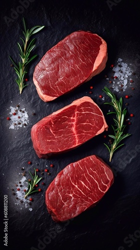 Fresh Raw steaks with seasonings on stone background, top view. AI generated