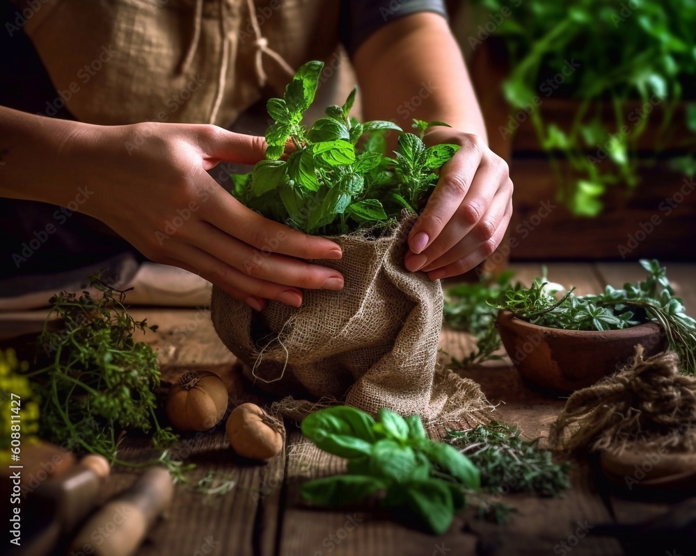  Gardener's hands holding a linen bag with fresh organic herbs, ai generation, wooden table background