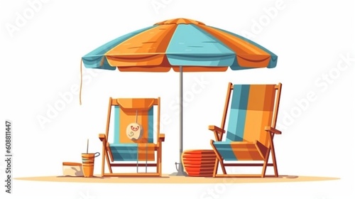 Chairs And Umbrella In Tropical resort near sea. Vector illustration with AI generated © tanchy25