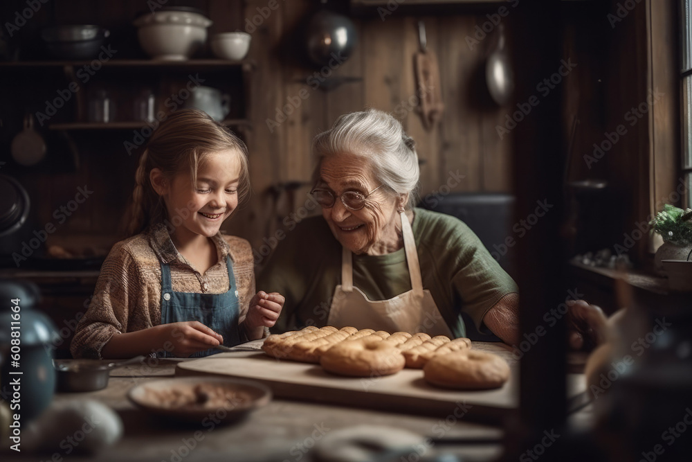 Grandma and little girl baking together, created with Generative AI Technology
