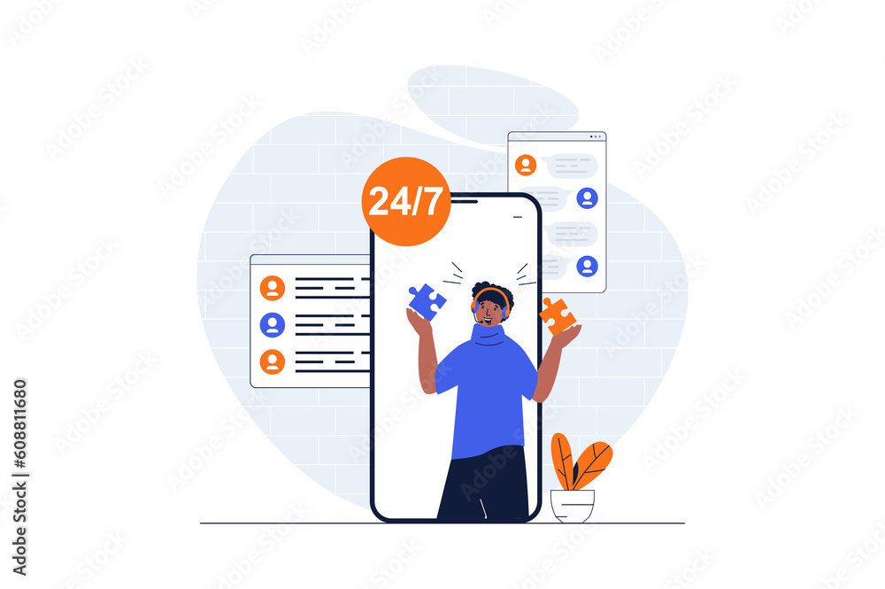 Customer support web concept with character scene. Man finds solutions and consults clients a mobile app. People situation in flat design. Illustration for social media marketing material. Customer support web concept with character scene. Man finds solutions and consults clients a mobile app. People situation in flat design. Illustration for social media marketing material.