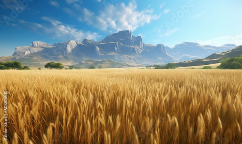  a painting of a wheat field with mountains in the background. generative ai