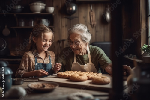 Grandma and little girl baking together  created with Generative AI Technology