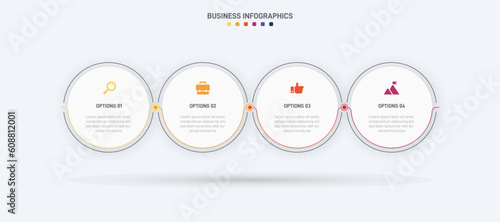 Timeline infographic with infochart. Modern presentation template with 4 spets for business process. Website template on white background for concept modern design. Horizontal layout.