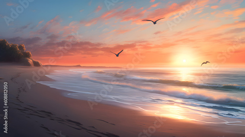 A secluded beach at sunrise, with gentle waves washing ashore and seagulls soaring in the distance. Generative AI