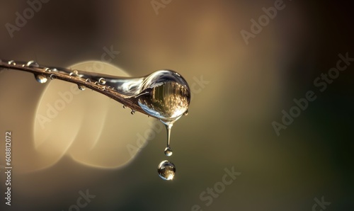  a drop of water is hanging from a twig with a blurry background.  generative ai