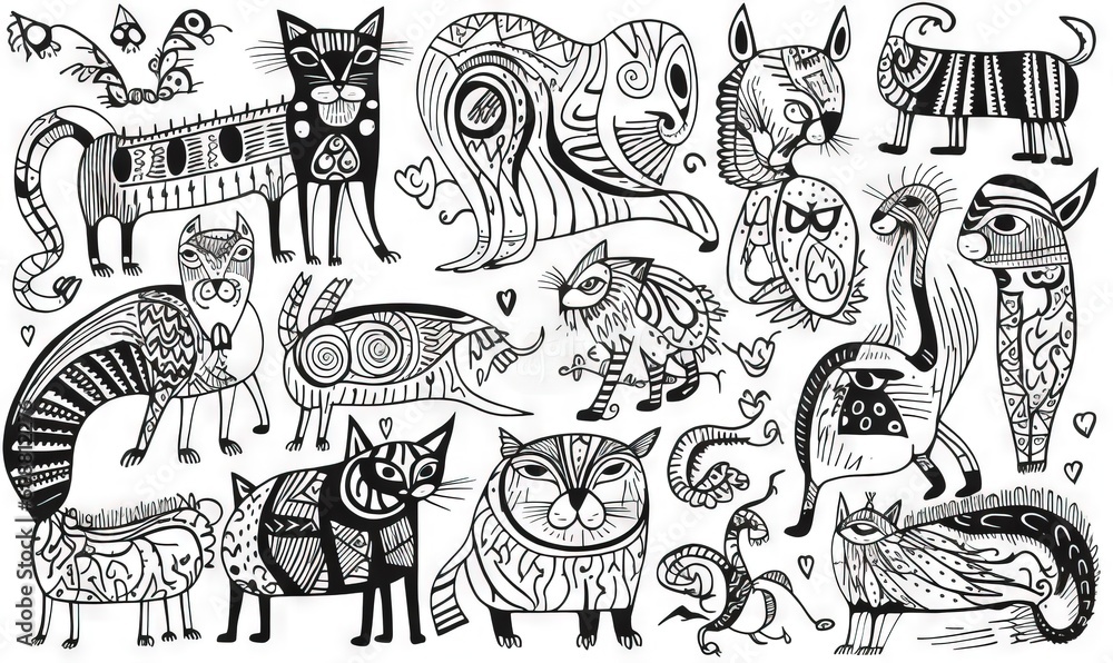  a black and white drawing of cats and dogs on a white background.  generative ai