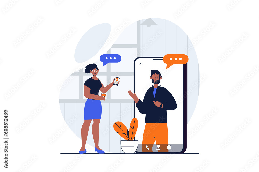 Video conference web concept with character scene. Woman and man making video call and working remotely. People situation in flat design. Illustration for social media marketing material.