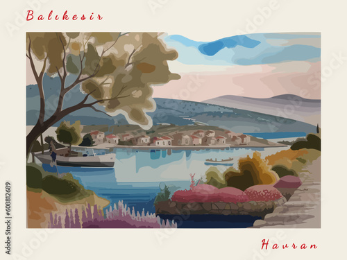 Havran: Modern illustration of a Turkish scene with the name Havran in Balıkesir