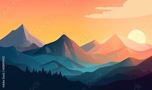  a mountain landscape with a sunset in the background and trees in the foreground.  generative ai © Anna