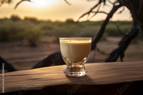 a shot of cream liqueur on wooden table golden hour safari photo