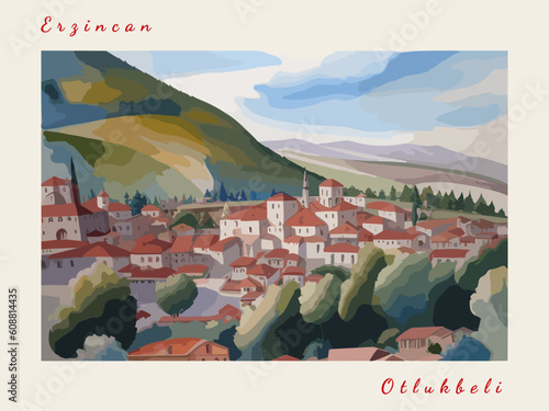 Otlukbeli: Postcard design with a scene in Turkey and the city name Otlukbeli photo