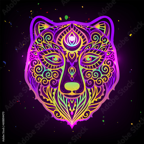 Bear head psychedelic. Vector illustration. Colorful Ethnic drawing. Bear animal in Zen boho style. For party hippie, hallucination psilocybin 60s, 70s