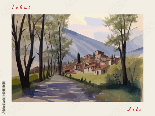 Zile: Postcard design with a scene in Turkey and the city name Zile