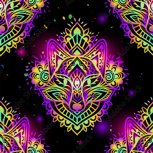 Fox mandala head psychedelic pattern. Vector illustration. Colorful Ethnic drawing. Fox animal in Zen boho style. For party hippie, hallucination psilocybin 60s, 70s