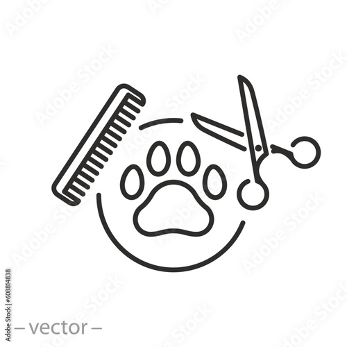 animal grooming salon icon, pet grooming, dog or cat paw, scissors with comb for groomer, thin line symbol - editable stroke vector illustration