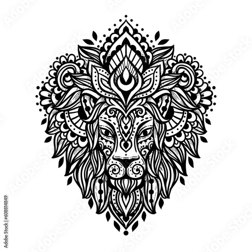 Lion mandala head. Vector illustration. Flower Ethnic drawing. Decorative Lion animal in Zen boho style. Boho, hippie for decoration