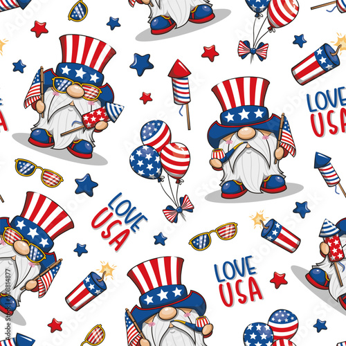 Seamless Pattern Happy 4th of July America Independence Gnome Celebrating, Cute Cartoon Illustration