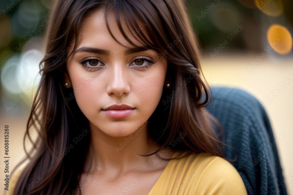 Close-up portrait of a beautiful brown-haired woman with perfect glowing skin and yellow blouse on street background. Natural woman looking at camera. Spa, skincare and wellness concept. Generative AI Close-up portrait of a beautiful brown-haired woman with perfect glowing skin and yellow blouse on street background. Natural woman looking at camera. Spa, skincare and wellness concept. Generative AI