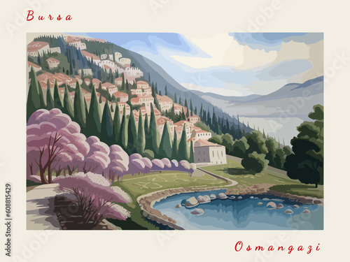 Osmangazi: Modern illustration of a Turkish scene with the name Osmangazi in Bursa