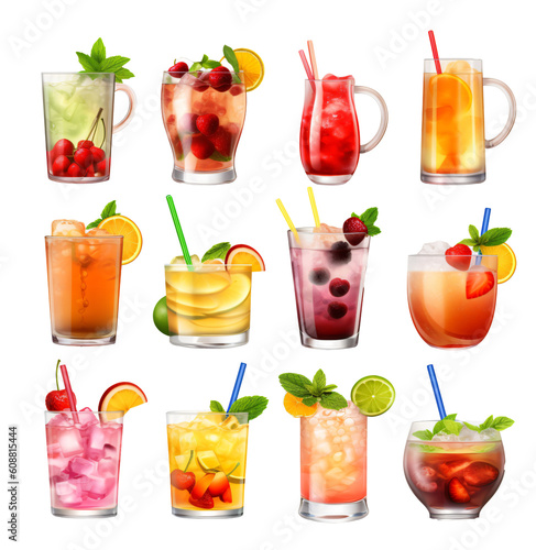 Set of fruit colorful drink coctail isolated on the transparent background PNG. AI generative.