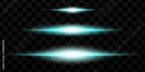 Blue horizontal lens flares pack. Laser beams, horizontal light rays.Beautiful light flares. Glowing streaks on dark background. Luminous abstract sparkling lined background.