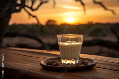 shot of cream liqueur on wooden table sunset stone decorations photo