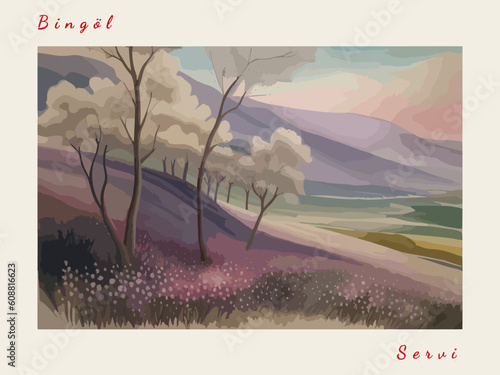 Servi: Postcard design with a scene in Turkey and the city name Servi