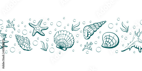 Cute hand drawn sea shells seamless horizontal pattern, summer background, great for textiles, banners, wallpapers - vector design
