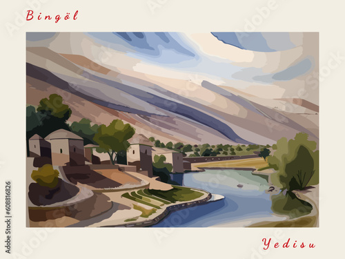 Yedisu: Postcard design with a scene in Turkey and the city name Yedisu photo