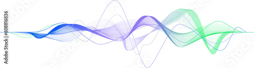Data transmission, sound wave, technology, space transformation. Abstract green-purple-blue wave on transparent background for web design, presentation design, web banners. Design element