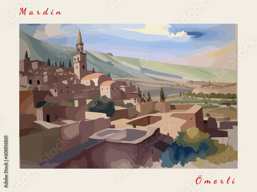Ömerli: Postcard design with a scene in Turkey and the city name Ömerli