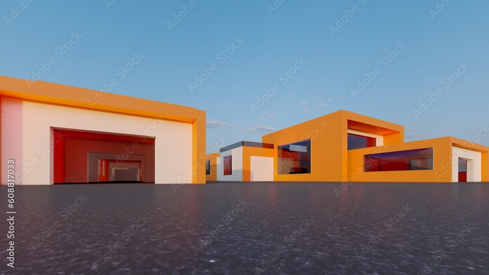 3d rendering architecture background buildings geometric shape on empty street