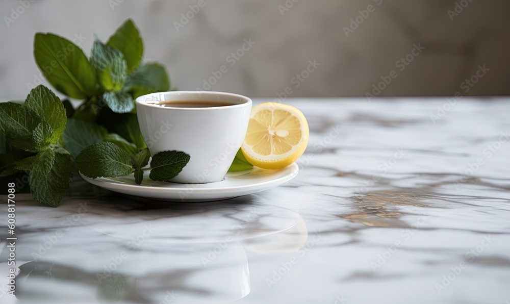 a cup of coffee with lemon and mint on a marble table. generative ai a cup of coffee with lemon and mint on a marble table. generative ai