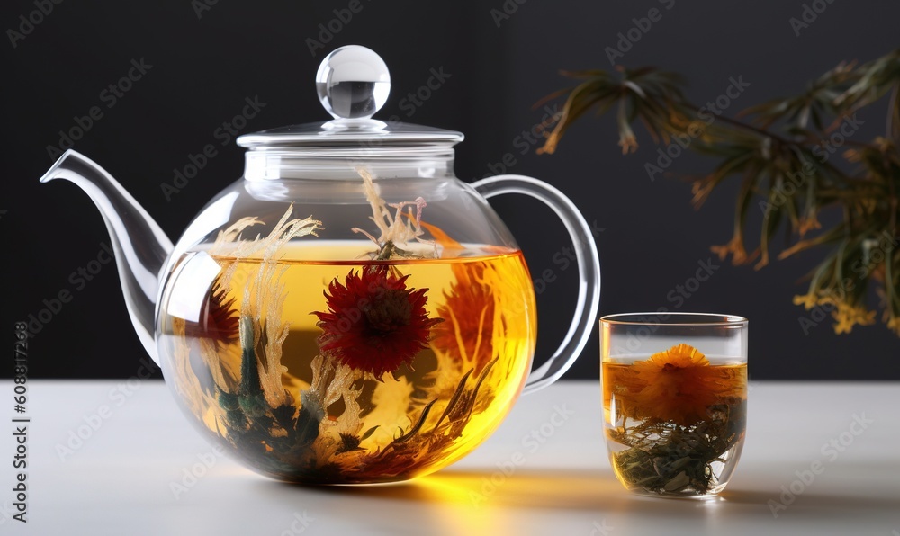 a glass teapot with a tea in it and a cup of tea next to it. generative ai a glass teapot with a tea in it and a cup of tea next to it. generative ai