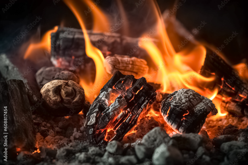 Hot coals in the fire. Burning charcoal coals from a fire as background.
Hot coals in the fire. Burning charcoal coals from a fire as background.