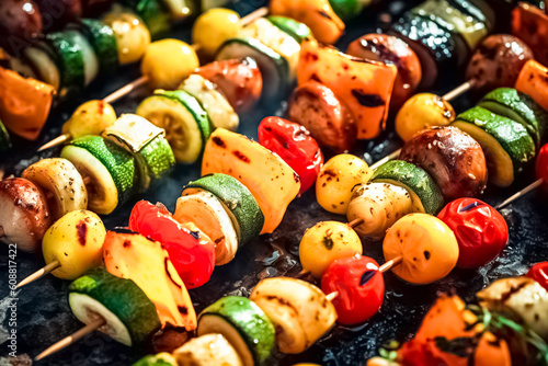 Fresh, home-cooked on the grill fire Vegan skewers of various vegetables. Barbecue. Healthy eating concept. 