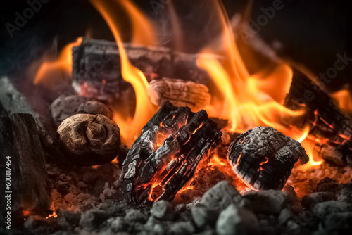 Hot coals in the fire. Burning charcoal coals from a fire as background. 