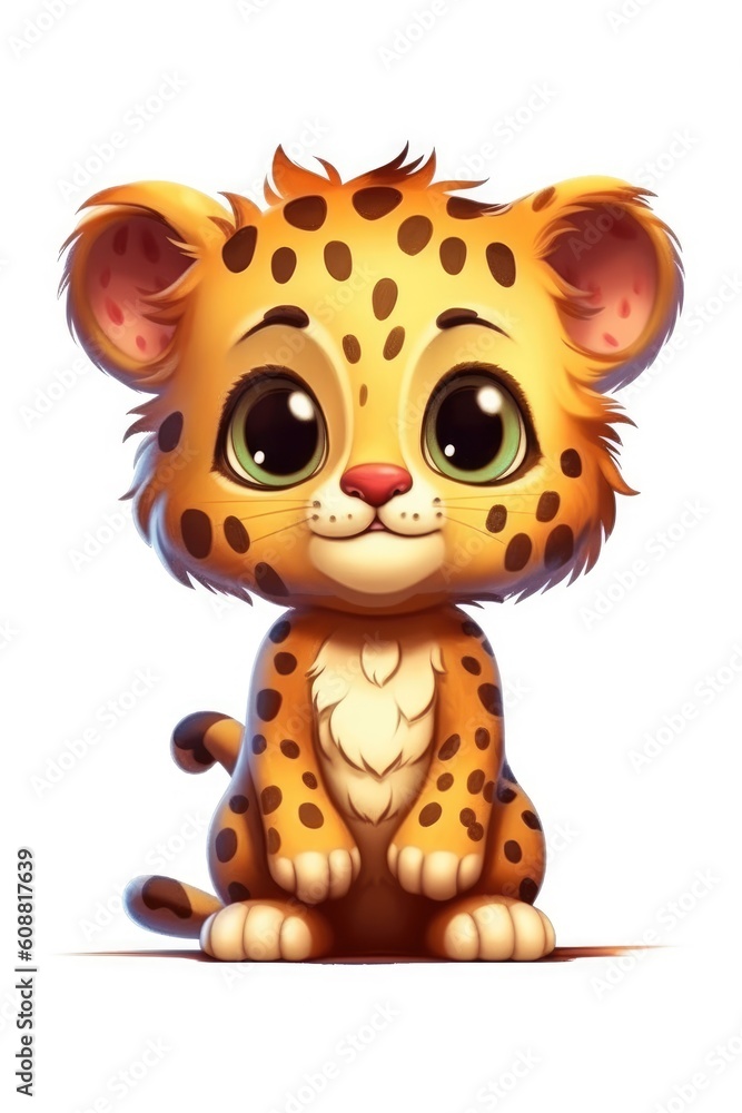 Cute baby Leopard in Cartoon Style on white background - generative AI Cute baby Leopard in Cartoon Style on white background - generative AI