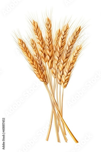 A white background isolates a sheaf of wheat ears. (Illustration, Generative AI)