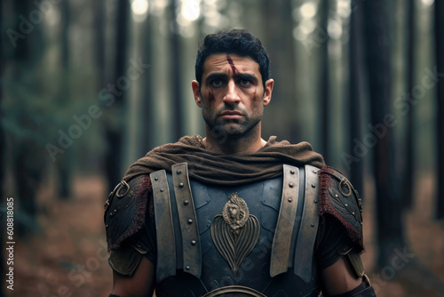 Portrait of Roman legionary after a battle in Germania (Generative AI) photo