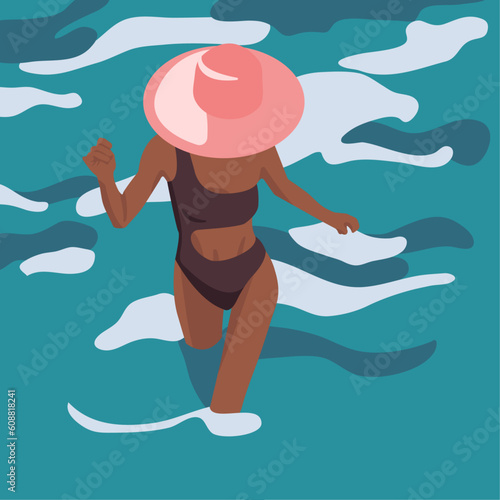 A beautiful black girl in brown swimsuit and pink hat walking in the sea  during vacation in faceless style for posters, banners, cards