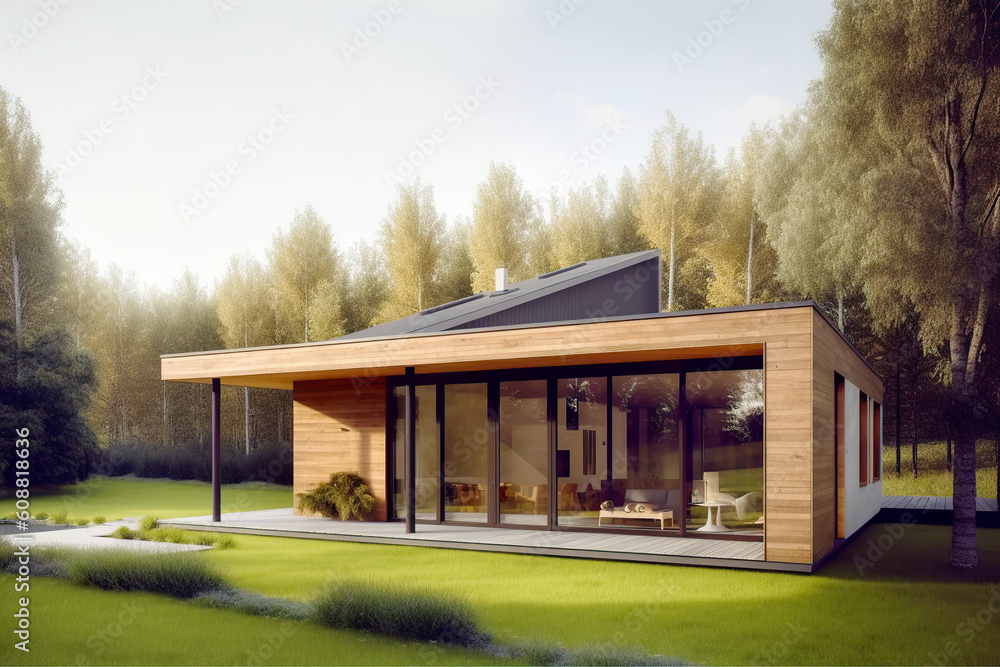 Modern villa decorated with wooden planks cladding in green forest. Created with generative Ai Modern villa decorated with wooden planks cladding in green forest. Created with generative Ai