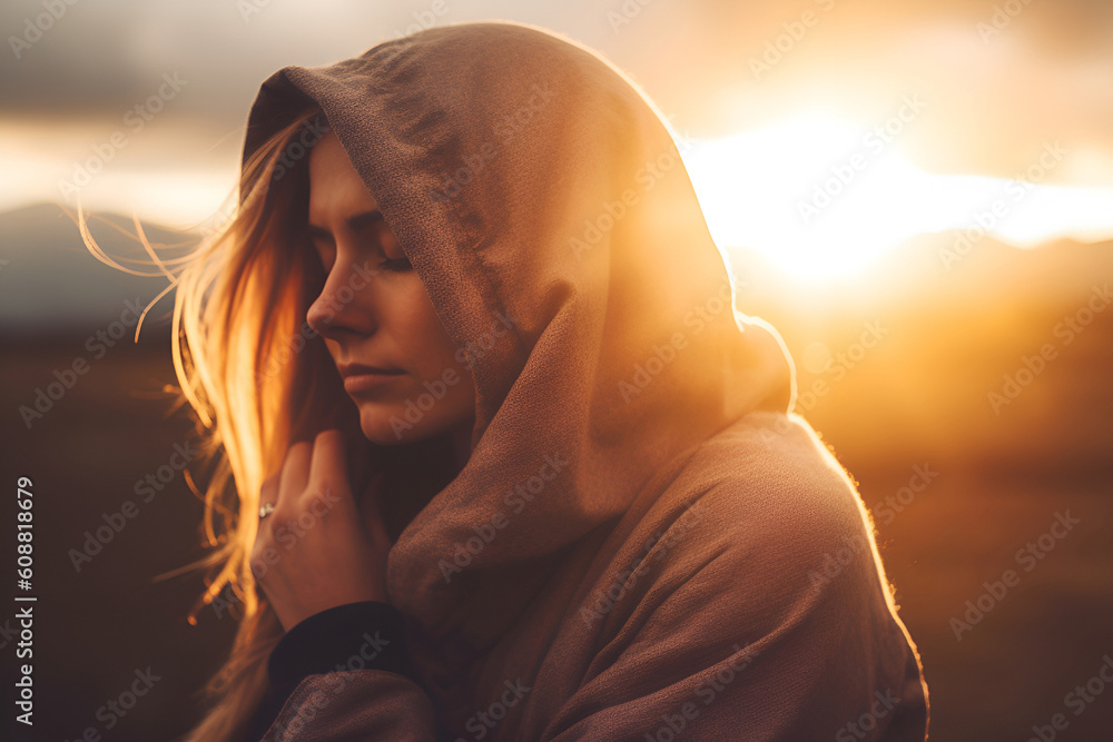 A girl with closed eyes in a hoodie against the background of a bright sunset. Generative AI. A girl with closed eyes in a hoodie against the background of a bright sunset. Generative AI.