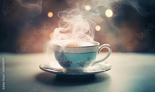 a cup of coffee with steam rising out of the top. generative ai