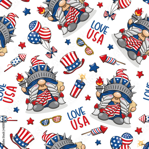 Seamless Pattern 4th of July America Independence With Gnome Liberty, Cute Cartoon Illustration
