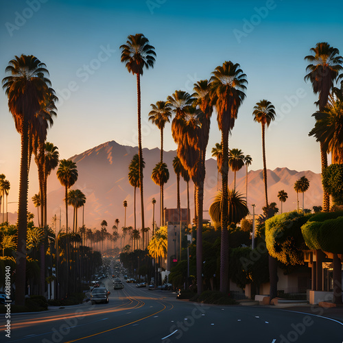 A picturesque view of the iconic palm tree-lined streets of Los Angeles  Generative AI.