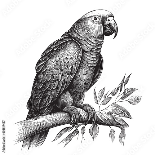 Parrot sitting on branch hand drawn sketch illustration