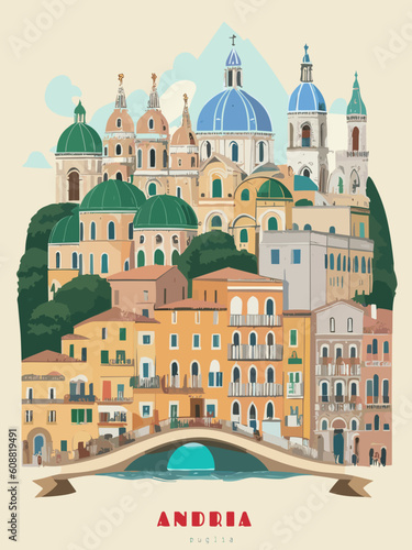 Andria: Beautiful vintage-styled poster of with a city and the name Andria in Puglia